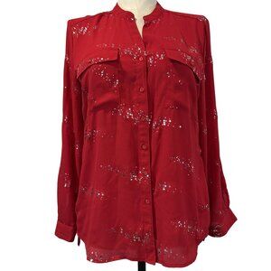 Red Button-Up Blouse Long Sleeve Button Tab Silver Accents Size Large Notations